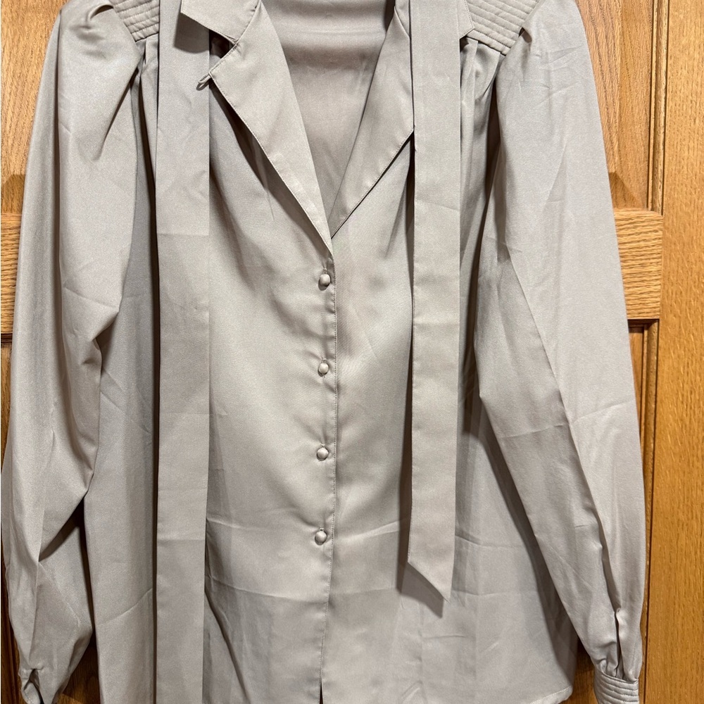 Laura Scott Tan Satin Blouse with Neck Tie